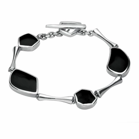 Sterling Silver Whitby Jet 4 Stone Concave Pentagon T Bar Bracelet