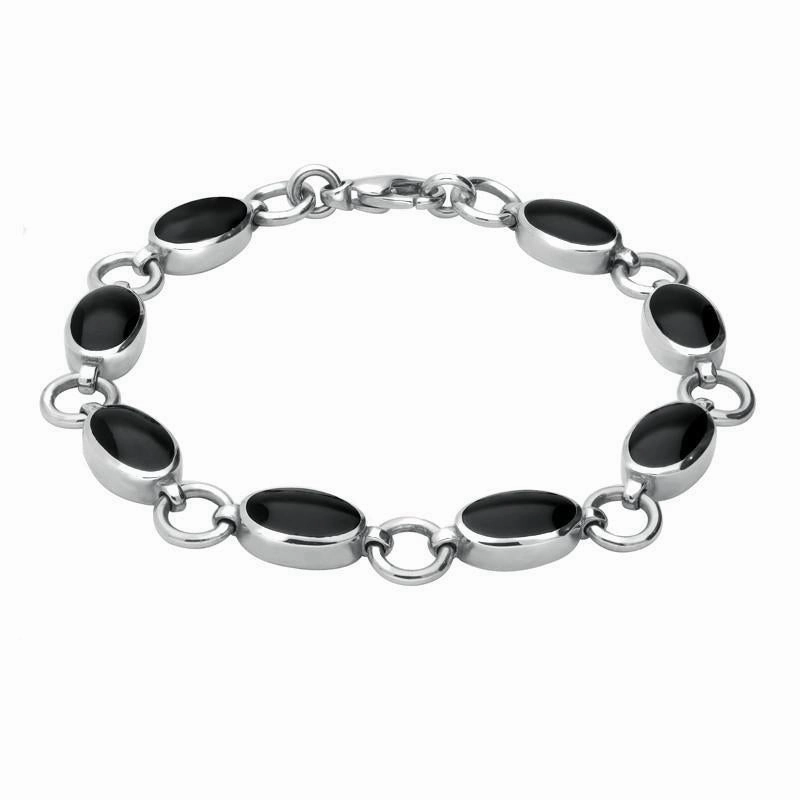 Sterling Silver Whitby Jet 8 Stone Round Ring Bracelet