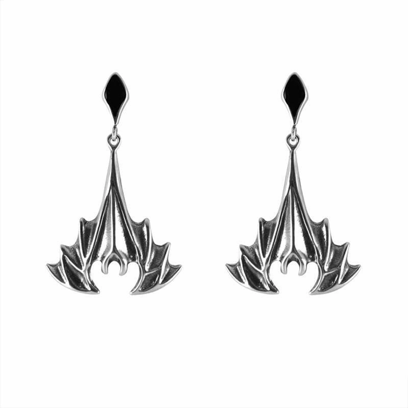 Sterling Silver Whitby Jet Abstract Bat Drop Earrings