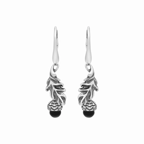 Sterling Silver Whitby Jet Acorn Leaf Hook Earrings