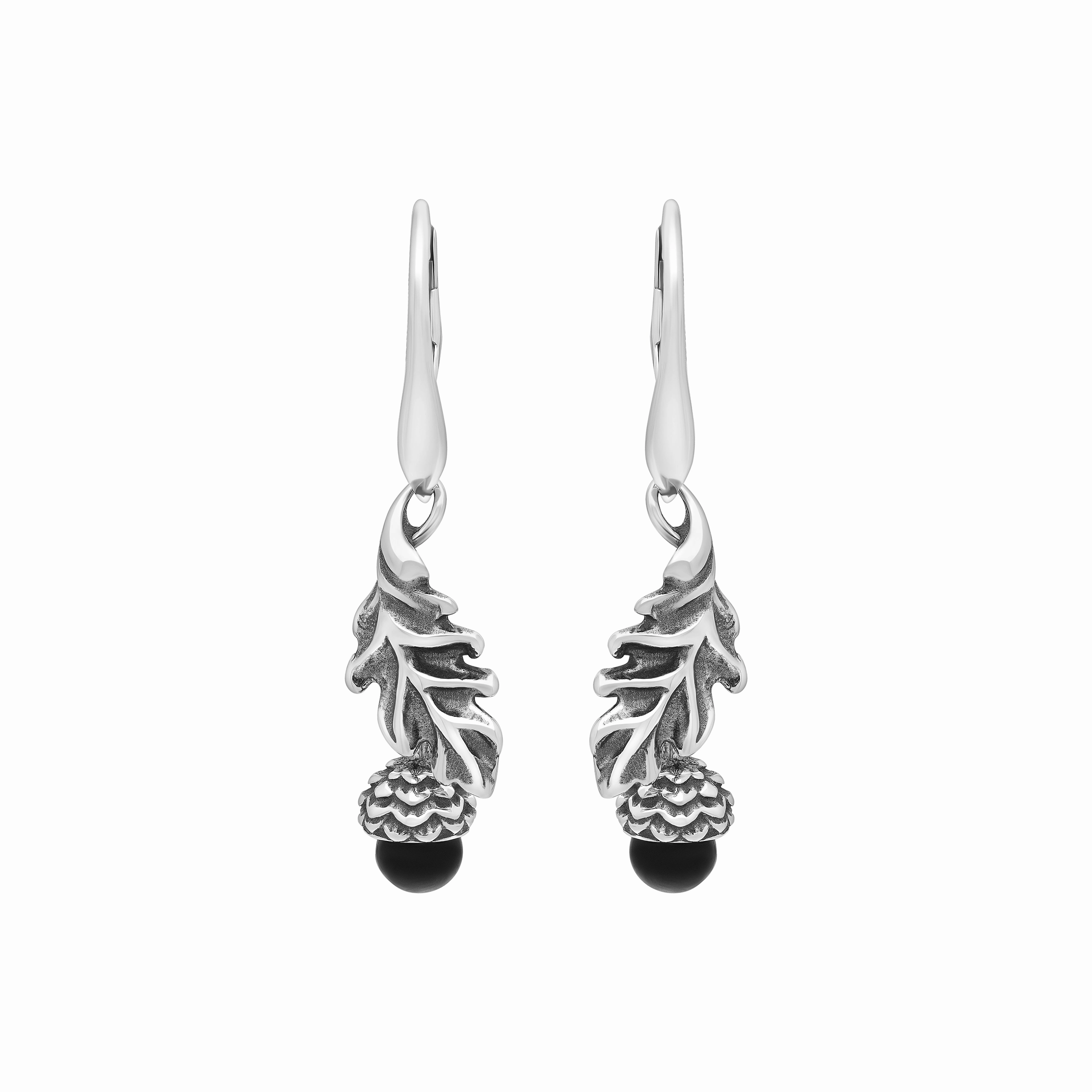 Sterling Silver Whitby Jet Acorn Leaf Hook Earrings