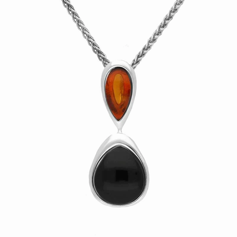Sterling Silver Whitby Jet Amber Double Pear Drop Necklace