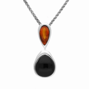 Sterling Silver Whitby Jet Amber Double Pear Drop Necklace