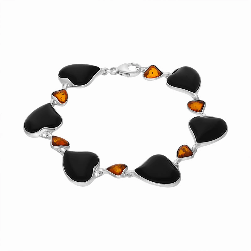 Sterling Silver Whitby Jet Amber Heart Link Bracelet