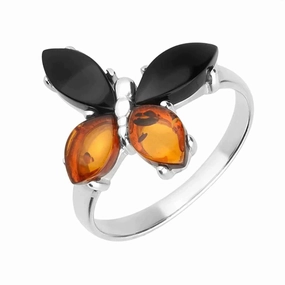 Sterling Silver Whitby Jet Amber Small Butterfly Ring