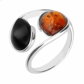 Sterling Silver Whitby Jet Amber Two Stone Pear Twist Ring