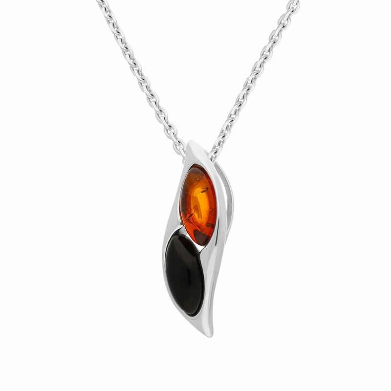 Sterling Silver Whitby Jet Amber Two Stone Wave Necklace