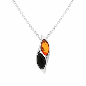 Sterling Silver Whitby Jet Amber Two Stone Wave Necklace