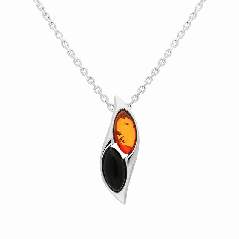 Sterling Silver Whitby Jet Amber Two Stone Wave Necklace