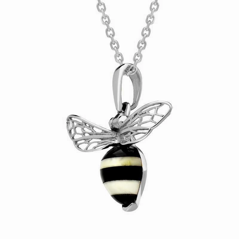 Sterling Silver Whitby Jet Amber Winged Bee Necklace