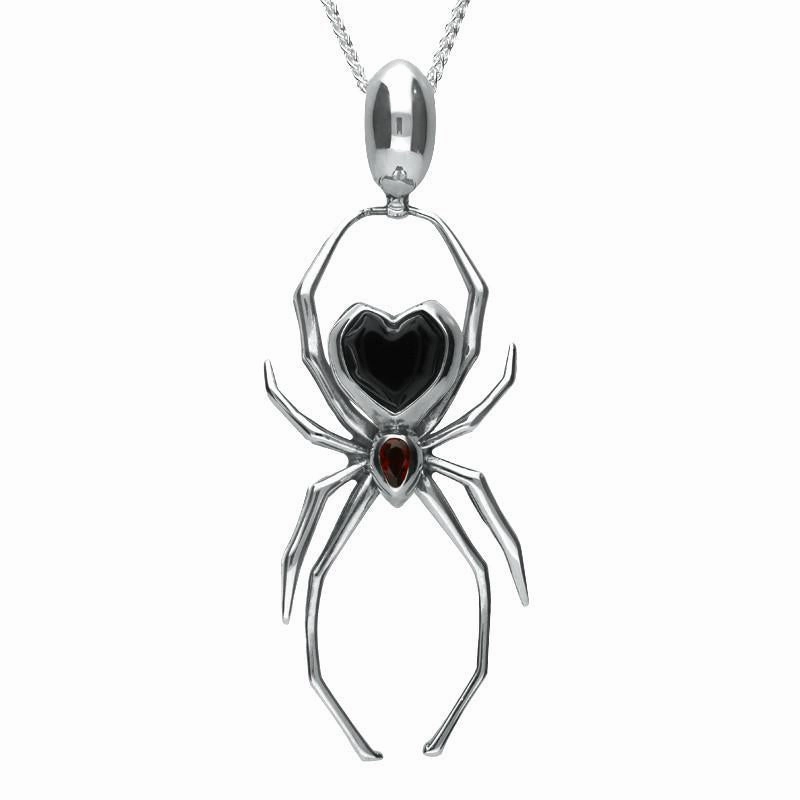 Sterling Silver Whitby Jet & Garnet 55mm Spider Egg Bail Necklace