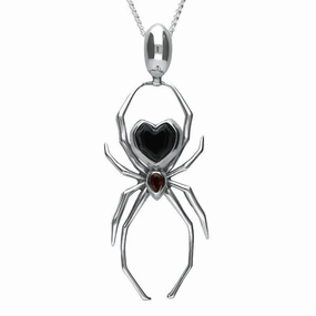 Sterling Silver Whitby Jet & Garnet 55mm Spider Egg Bail Necklace