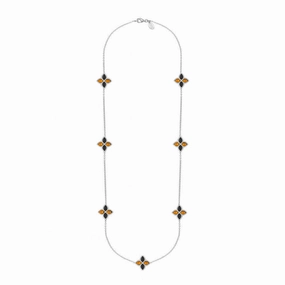 Sterling Silver Whitby Jet And Amber Eden Long Marquise Flower Necklace