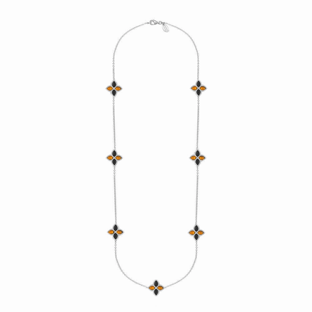 Sterling Silver Whitby Jet And Amber Eden Long Marquise Flower Necklace