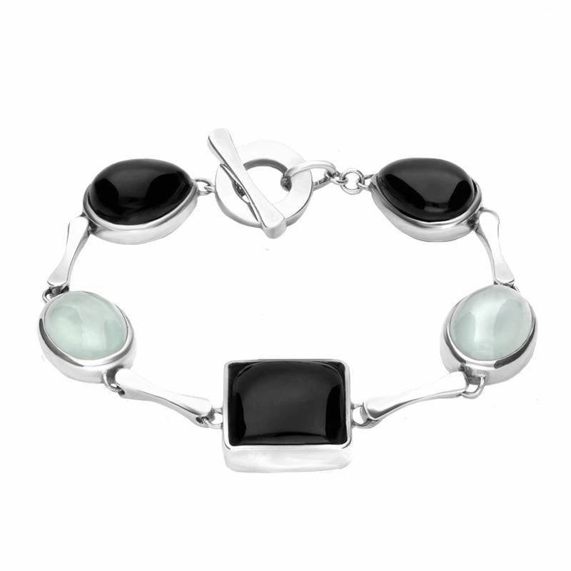 Sterling Silver Whitby Jet and Aquamarine Unique T-Bar Bracelet