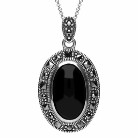 Sterling Silver Whitby Jet and Marcasite Beaded Edge Necklace