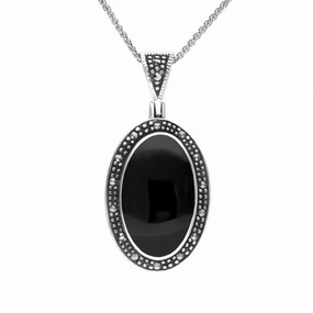 Sterling Silver Whitby Jet and Marcasite Framed Oval Necklace D