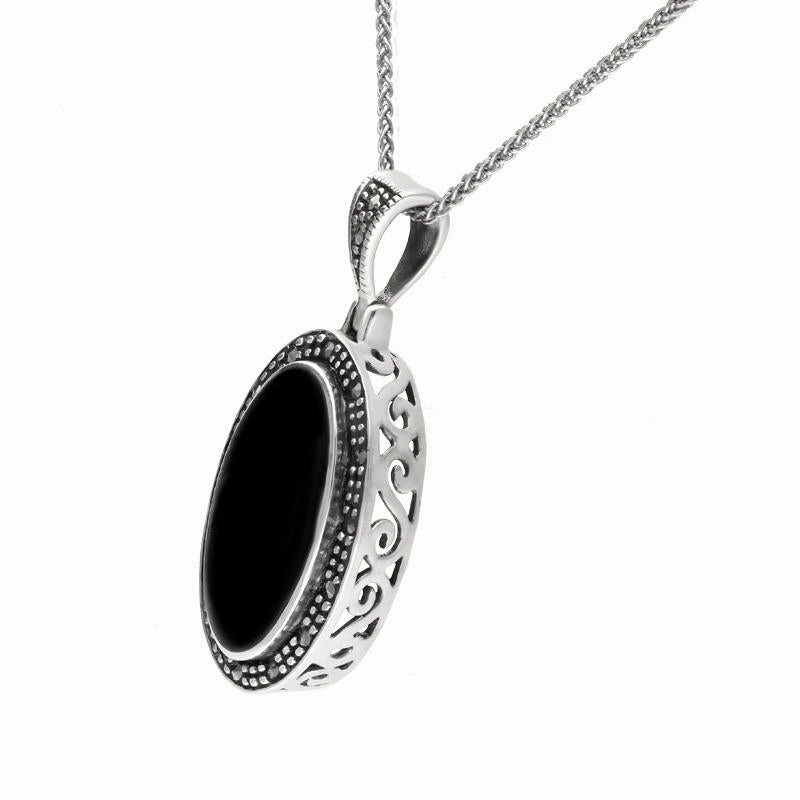 Sterling Silver Whitby Jet and Marcasite Framed Oval Necklace D