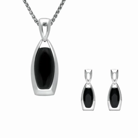 Sterling Silver Whitby Jet Barrel Shaped Two Piece Set