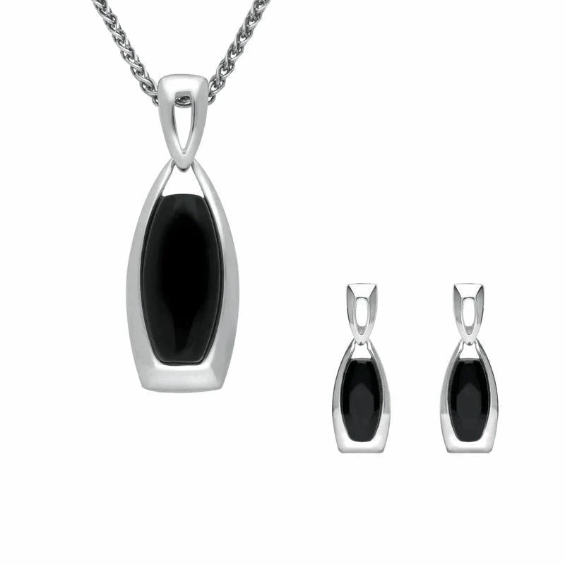 Sterling Silver Whitby Jet Barrel Shaped Two Piece Set