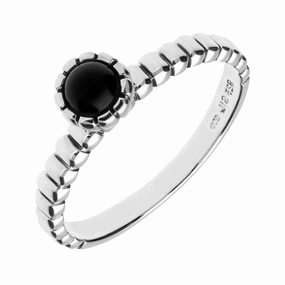 Sterling Silver Whitby Jet Beaded Edge Round Stacking Ring