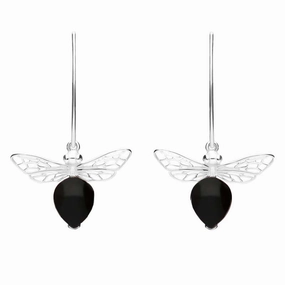 Sterling Silver Whitby Jet Bee Small Hook Earrings