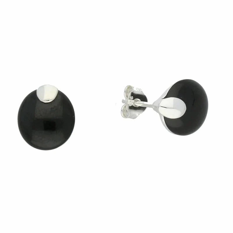 Sterling Silver Whitby Jet Button Cap Stud Earrings