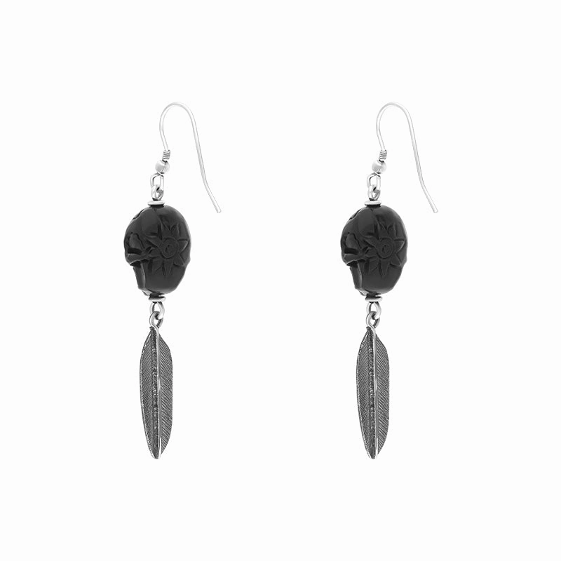 Sterling Silver Whitby Jet Carved Skull Feather Unique Drop Earrings D