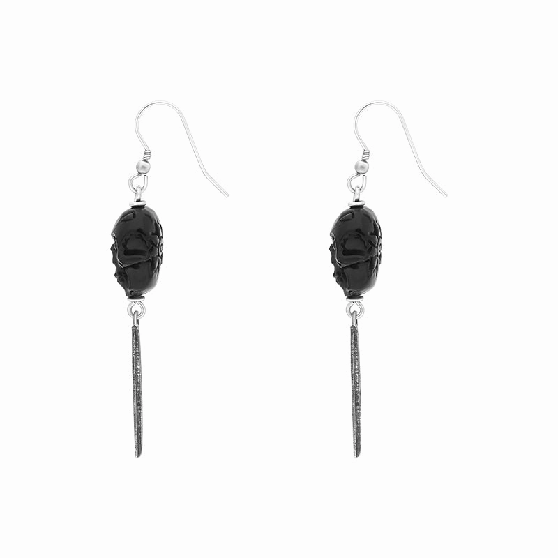 Sterling Silver Whitby Jet Carved Skull Feather Unique Drop Earrings D