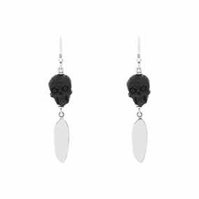 Sterling Silver Whitby Jet Carved Skull Feather Unique Drop Earrings D