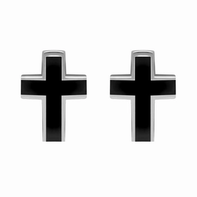Sterling Silver Whitby Jet Channel Set Cross Stud Earrings D