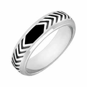 Sterling Silver Whitby Jet Chevron Patterned 6mm Band Ring