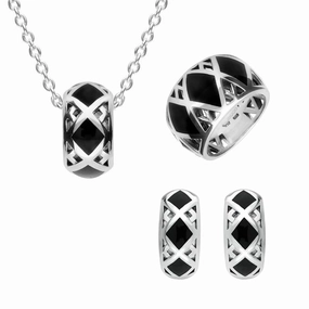 Sterling Silver Whitby Jet Curved  Crossover Three Piece Set