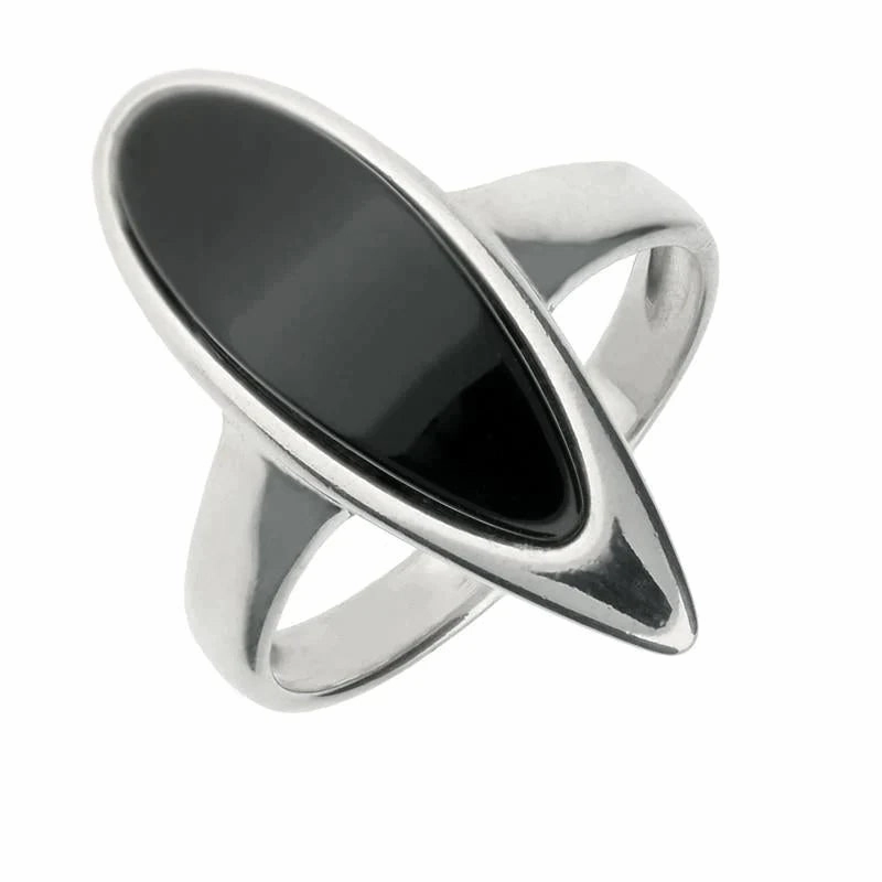 Sterling Silver Whitby Jet Curved Pear Ring