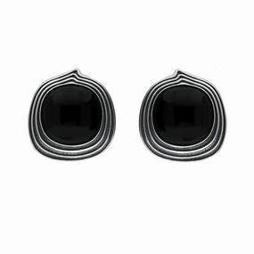 Sterling Silver Whitby Jet Cushion Stone Pattern Edge Stud Earrings