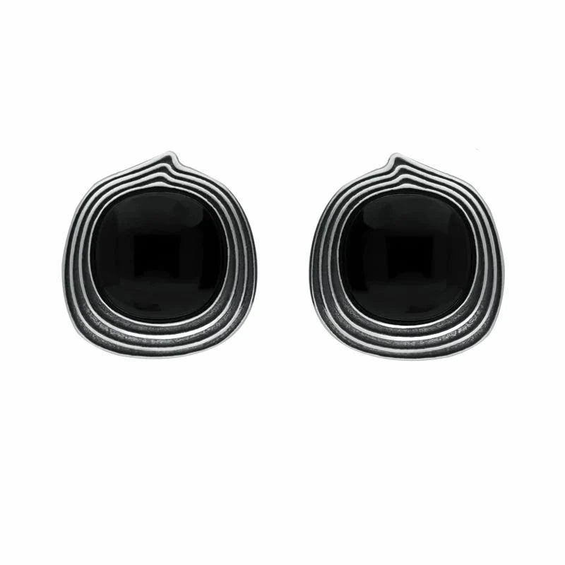 Sterling Silver Whitby Jet Cushion Stone Pattern Edge Stud Earrings