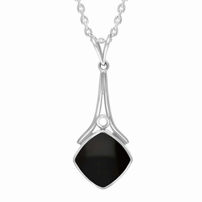 Sterling Silver Whitby Jet Cushion Stone Split Bale Necklace D