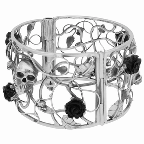 Sterling Silver Whitby Jet Entwined Skulls Roses Bracelet