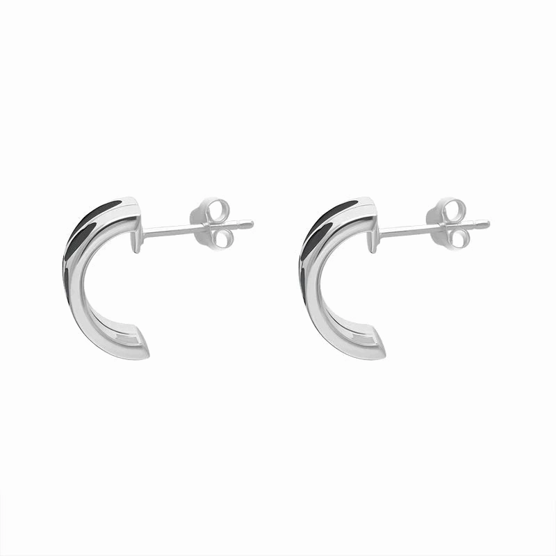 Sterling Silver Whitby Jet Flower Inlaid Wavy Open Hoop Stud Earrings D