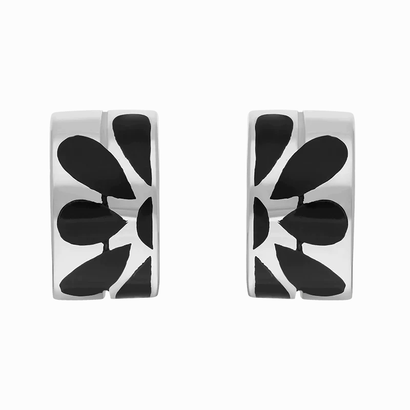 Sterling Silver Whitby Jet Flower Inlaid Wavy Open Hoop Stud Earrings D