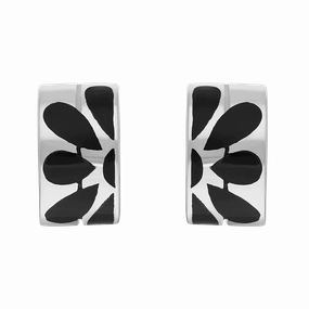 Sterling Silver Whitby Jet Flower Inlaid Wavy Open Hoop Stud Earrings D