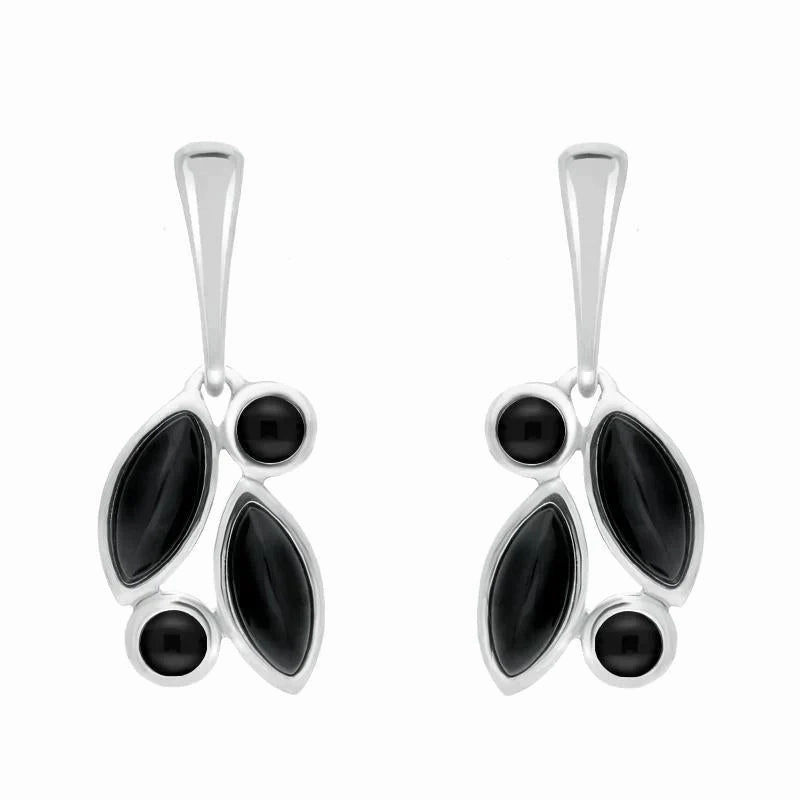 Sterling Silver Whitby Jet Four Stone Leaf Drop Earrings