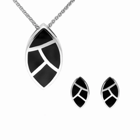 Sterling Silver Whitby Jet Four Stone Leaf Shaped Two Piece Set