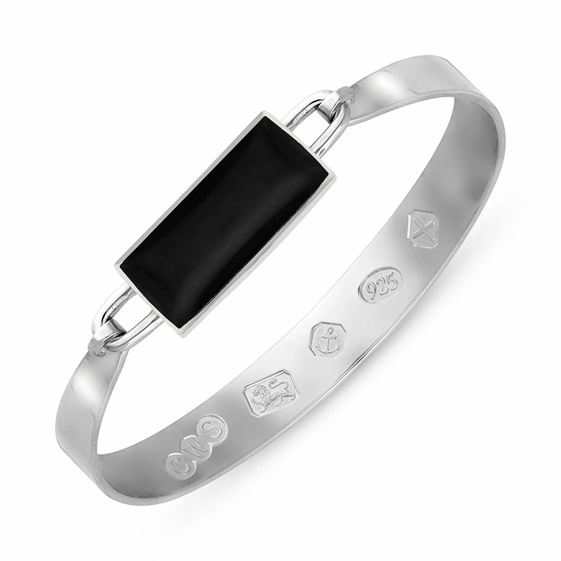 Sterling Silver Whitby Jet Hallmark Wide Oblong Bangle