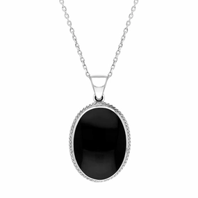Sterling Silver Whitby Jet Heritage Rope Edge Large Oval Pendant