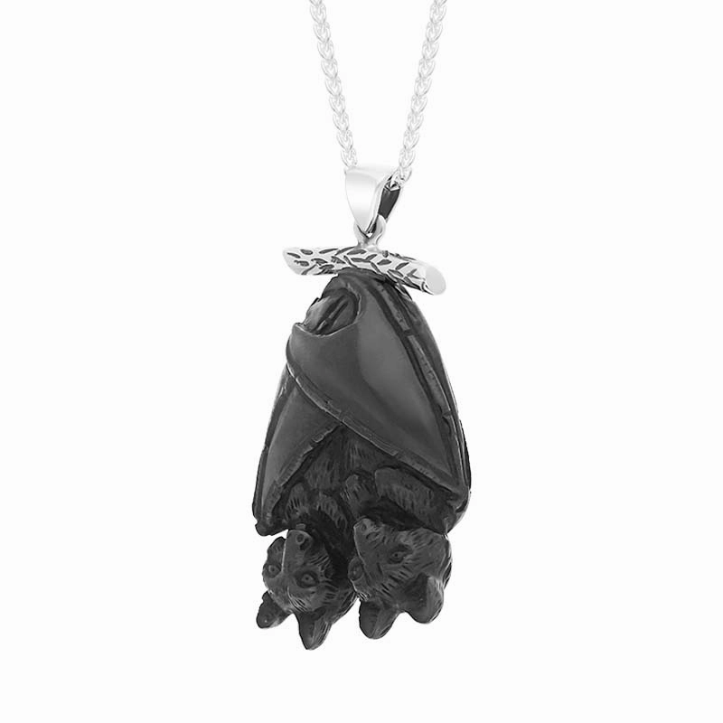 Sterling Silver Whitby Jet Hugging Bats Necklace