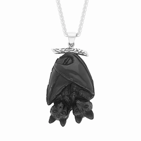 Sterling Silver Whitby Jet Hugging Bats Necklace