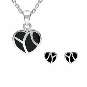 Sterling Silver Whitby Jet Inlaid Heart Two Piece Set