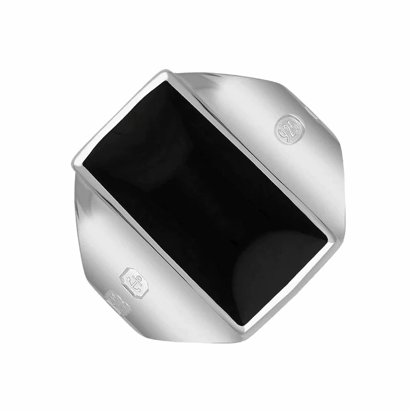 Sterling Silver Whitby Jet King's Coronation Hallmark Small Oblong Ring D