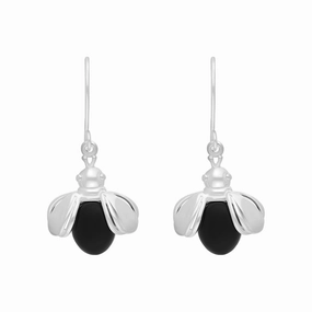 Sterling Silver Whitby Jet Ladybird Open Wing Hook Earrings